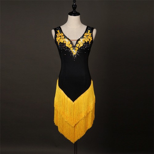 Yellow white black Sexy Stage Women Lady Latin Dance Dresses rhinestones Tassel  Performance Party Competition dance dresses
